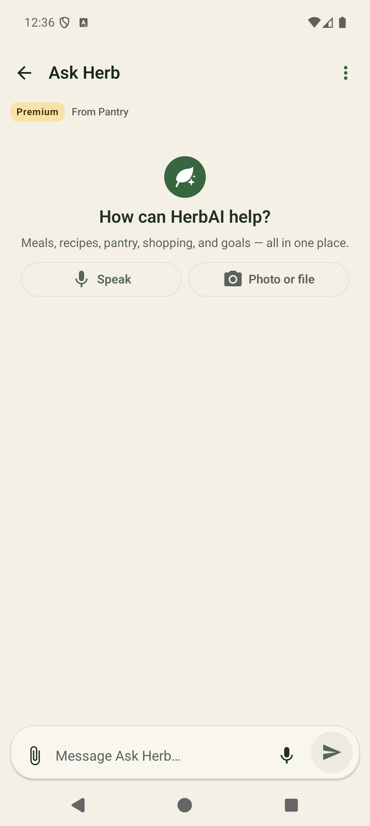Current Ask Herb UI with text, voice, photo, and file inputs