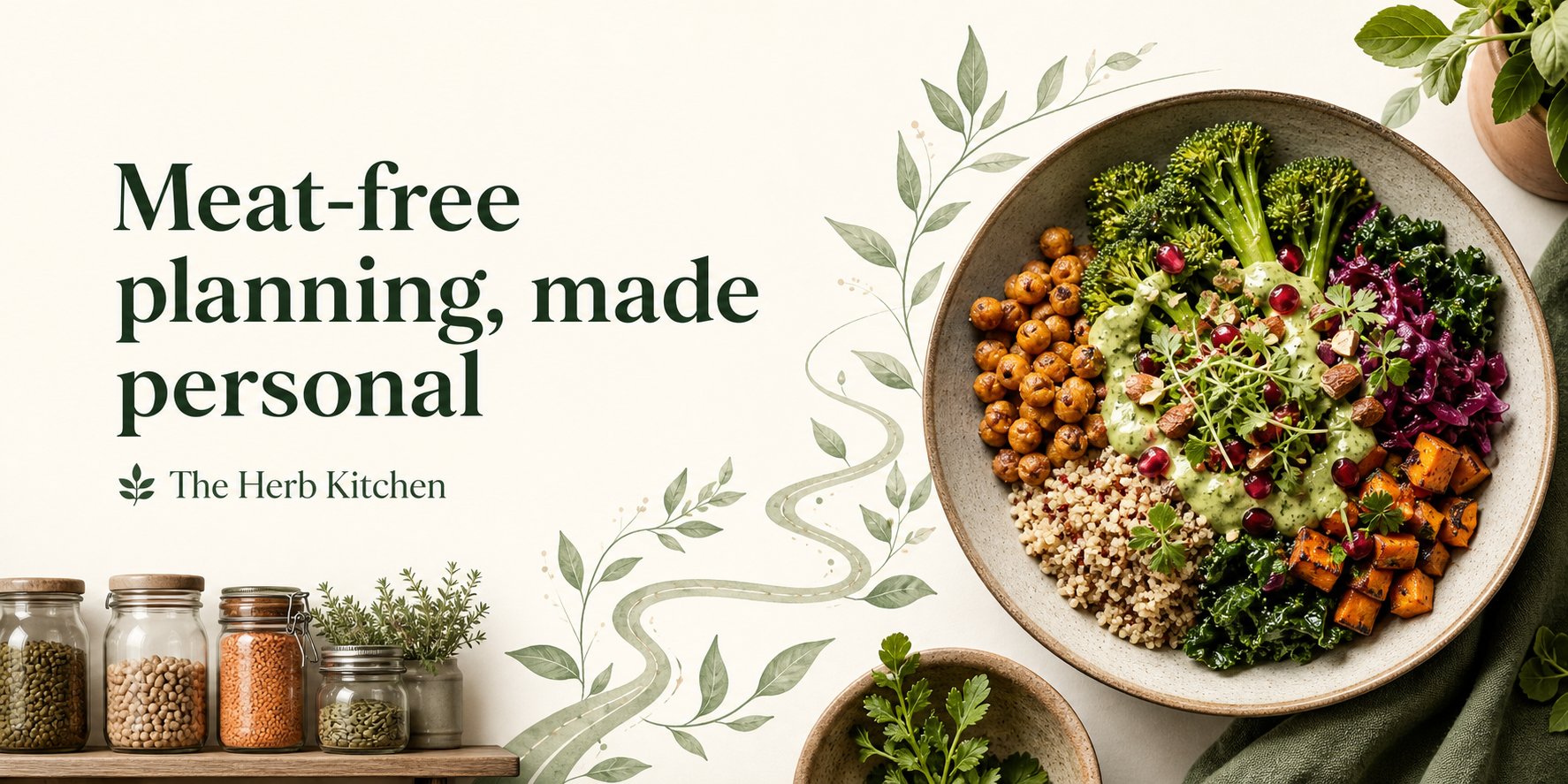 A colorful plant-forward meal surrounded by fresh ingredients