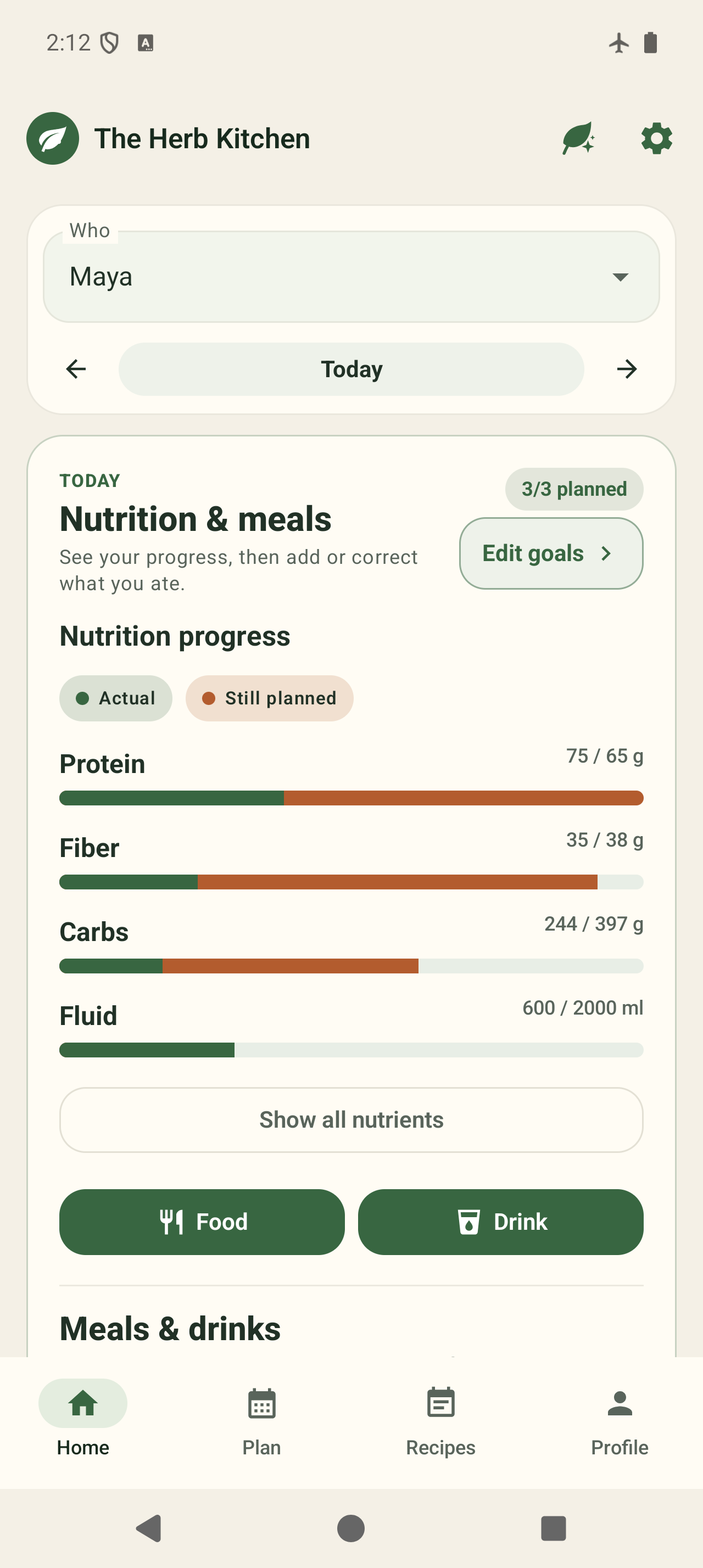 The Herb Kitchen Home screen with populated Actual and Still planned nutrition progress