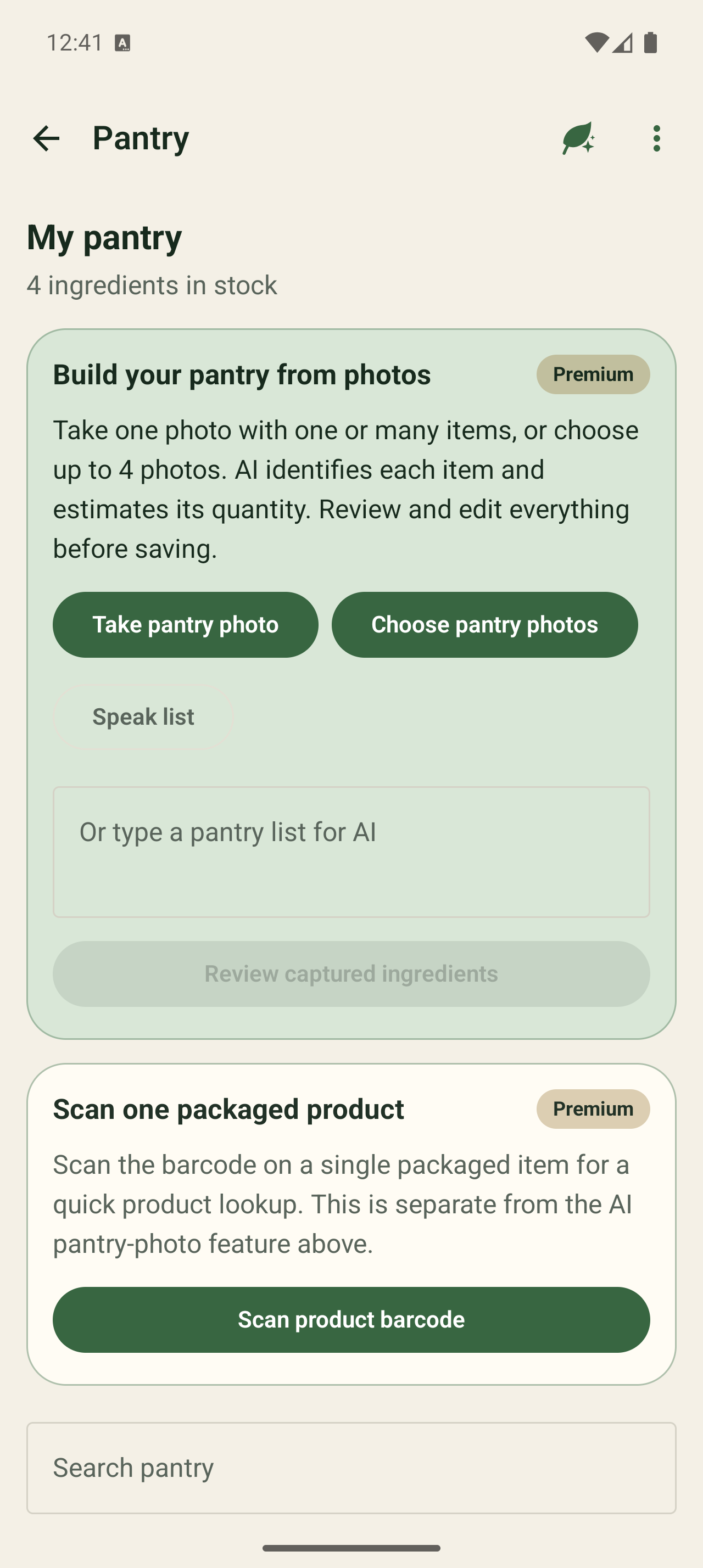 Current Pantry UI with ingredient capture tools