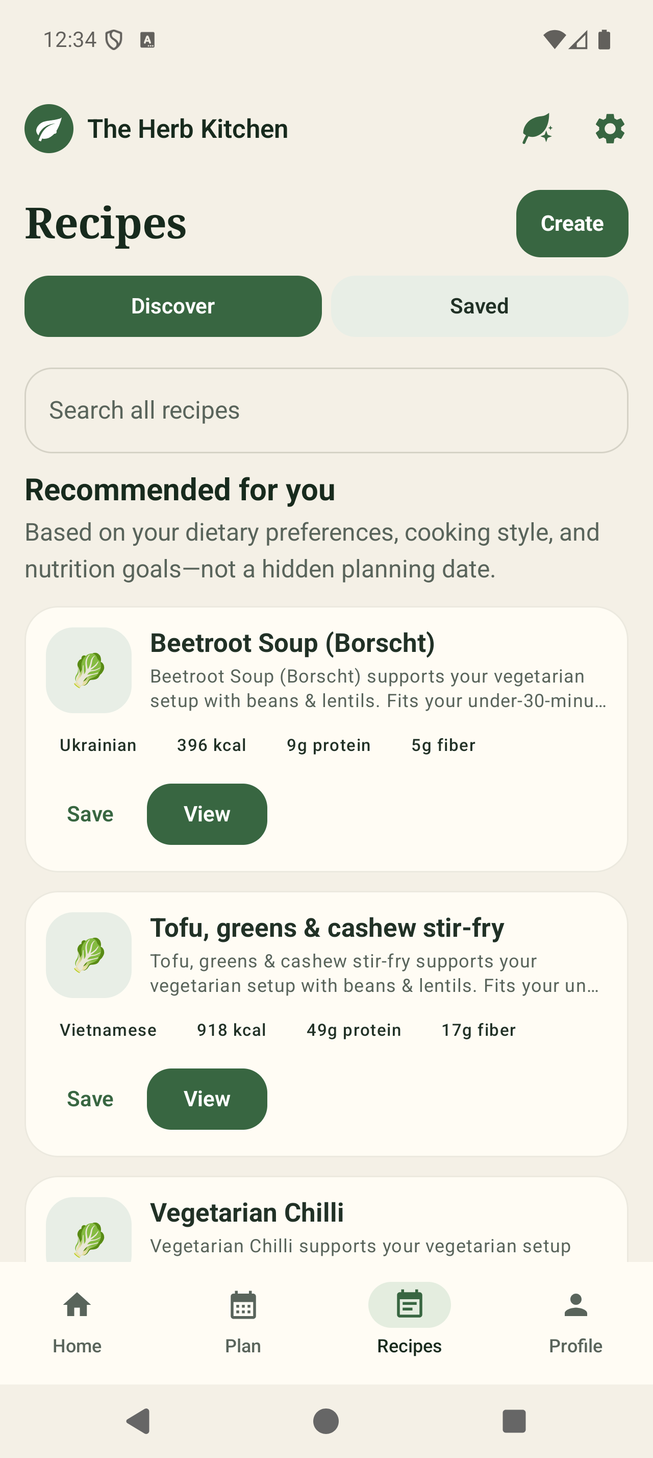 The Herb Kitchen Recipes screen with meat-free recipe recommendations